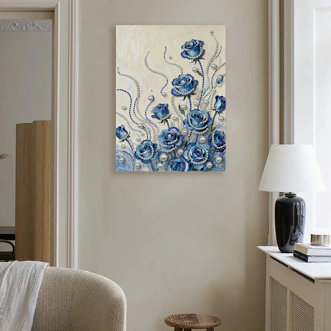 Blue Flowers DIY Pearl Diamond Art Kit for Adults Home Decor With Frame 30x40cm