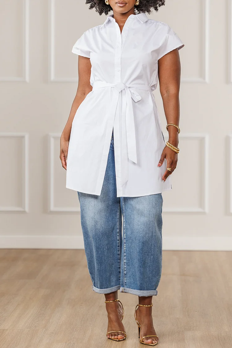 Plus Size Business Casual White Shirt Collar Cap Sleeve Short Sleeve Split Casual Pleated Blouses