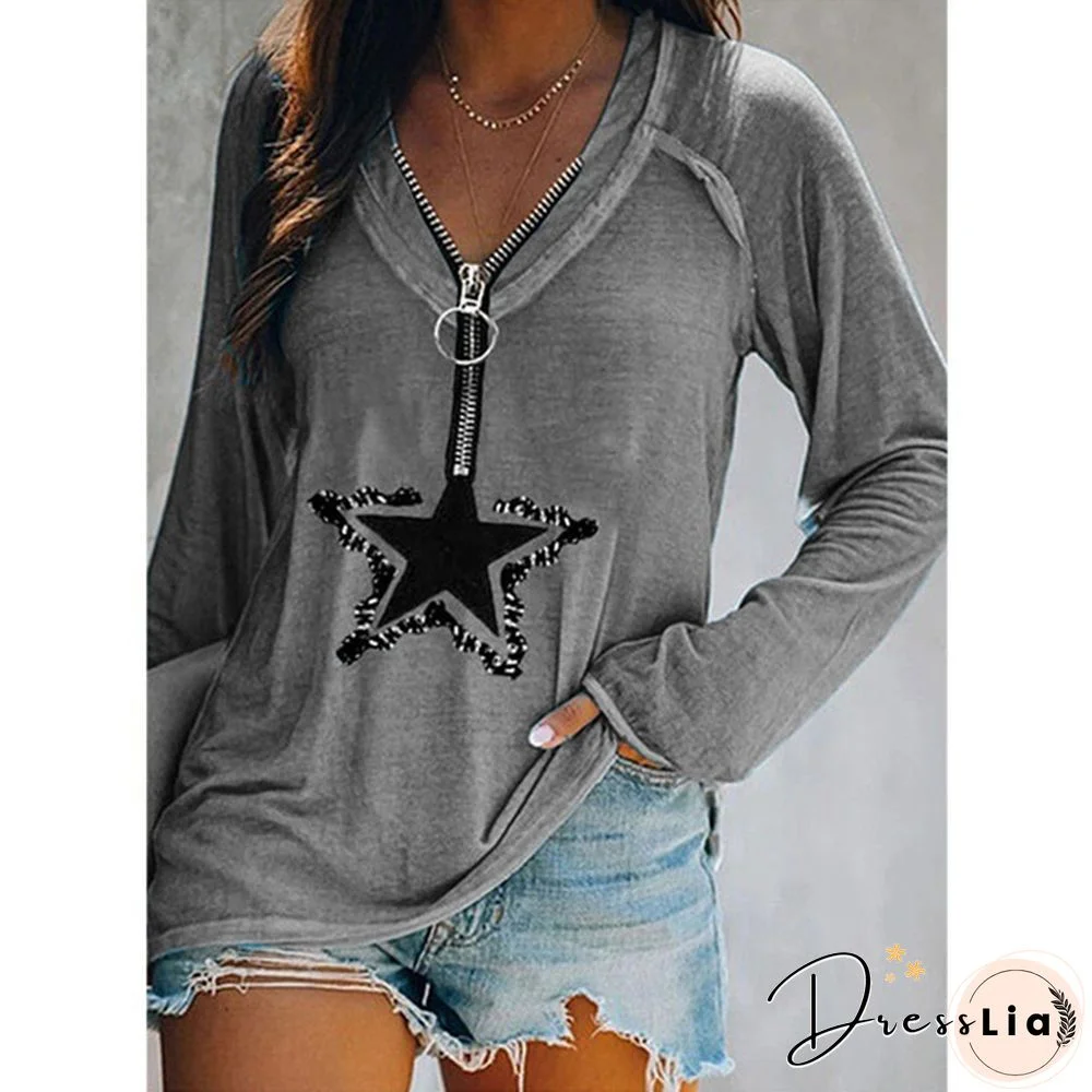 Womens Fashion Clothes Casual Spring Summer Long Sleeved T-shirts Zipper Tops Ladies Autumn Winter Deep V-neck Blouse Plus Size Loose Cotton Shirts
