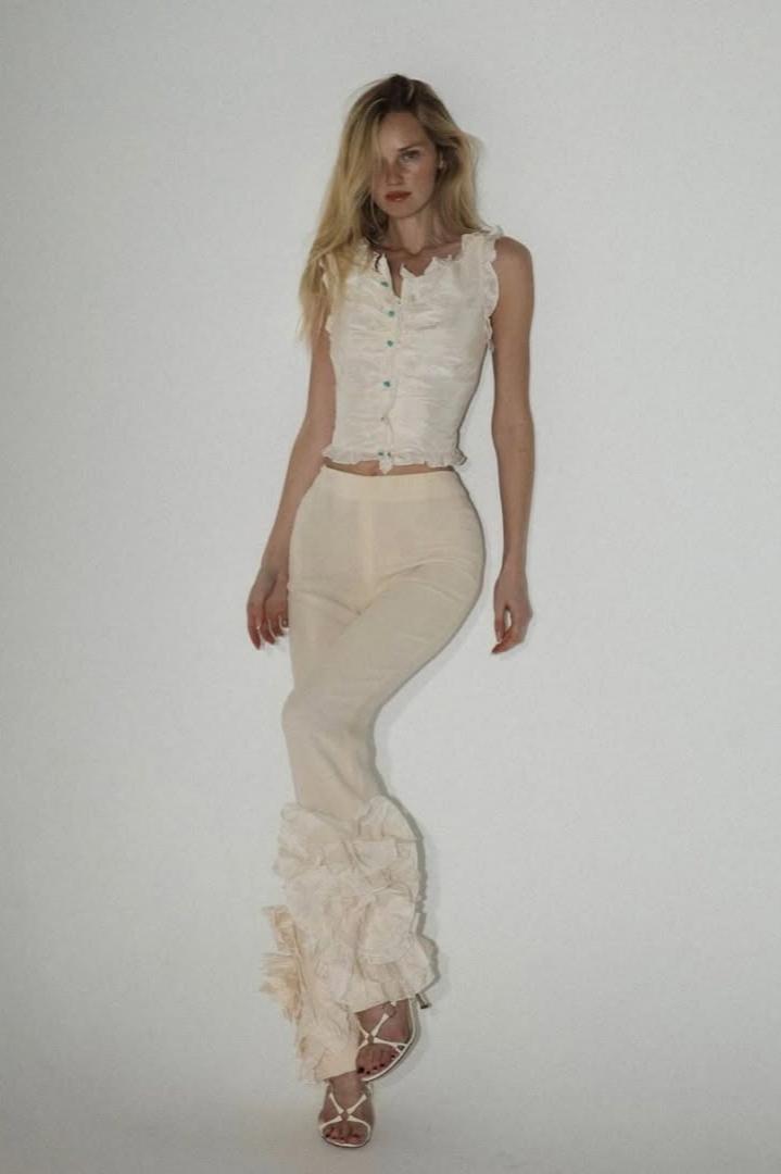Lussooy Elegant Cream and White Shoulder Strap Sleeveless Jumpsuit with Ruffles 