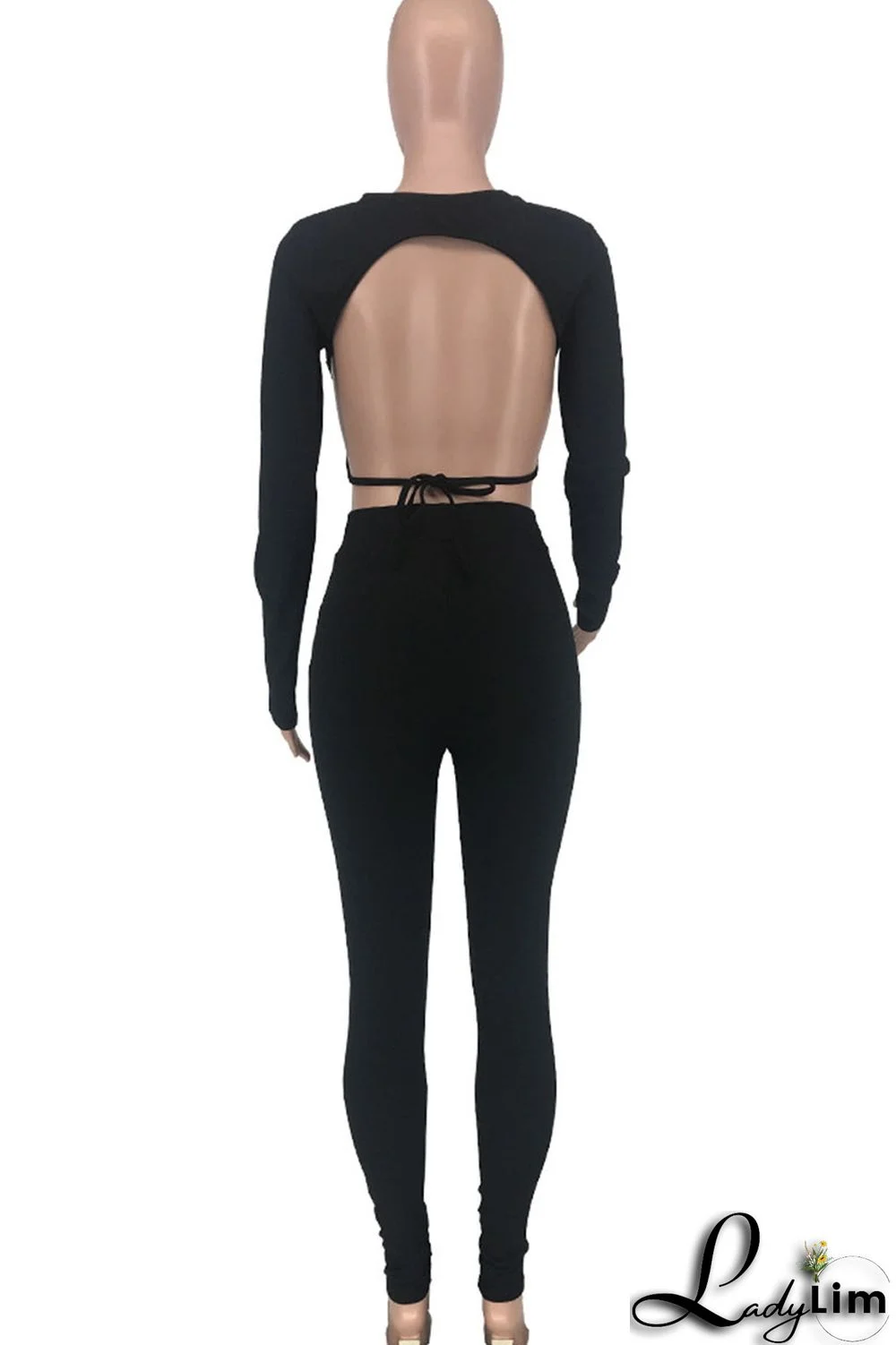 Black Sexy Print Patchwork Frenulum Backless O Neck Three Quarter Two Pieces