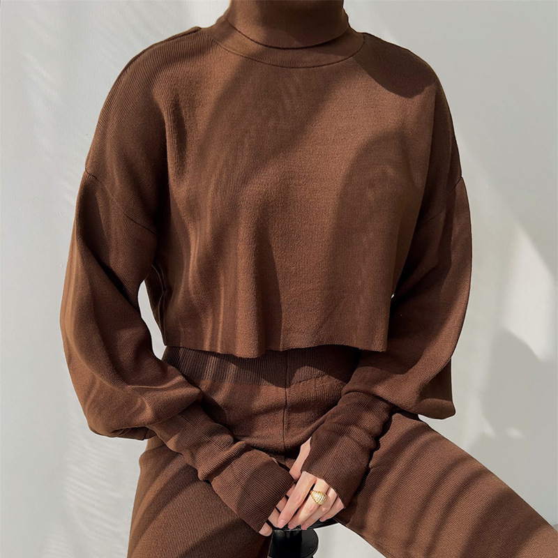 Ootddress Turtleneck Two Piece Outfits For Women Lantern Sleeve Cropped Top And Straight Leg Pants Sets Tracksuit Casual Outfits