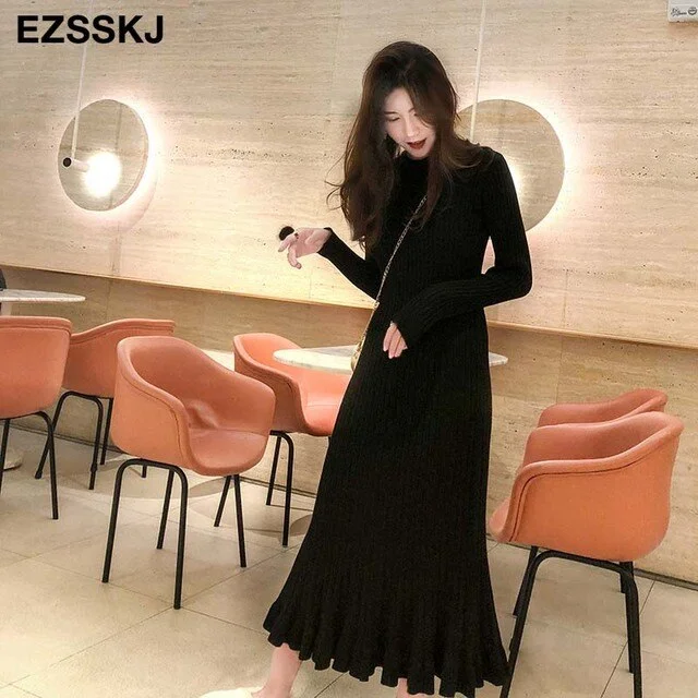 Ezsskj autumn winter thick mermaid maxi sweater dress women o-neck long sweater dress elegant female a-line slim sexy knit dress