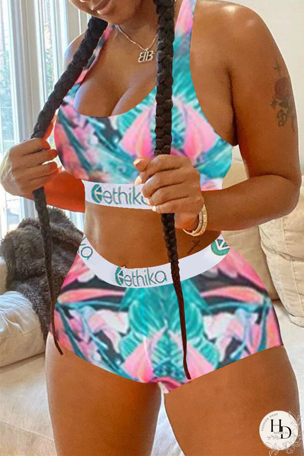 Colour Casual Sportswear Print Vests U Neck Sleeveless Two Pieces