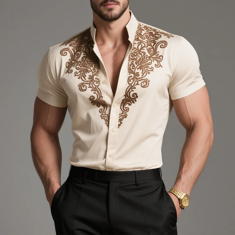 Okaywear Stand Collar Single Breasted Short Sleeve Floral Embroidery Shirt 