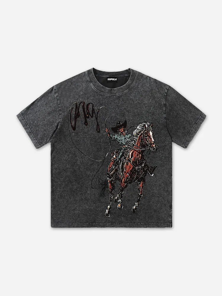 Men's Vintage Western Cowboy Graphic Acid Wash T-shirt