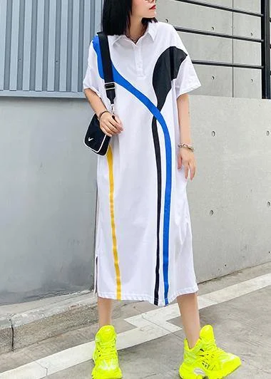 Women white cotton quilting clothes lapel patchwork A Line summer Dresses