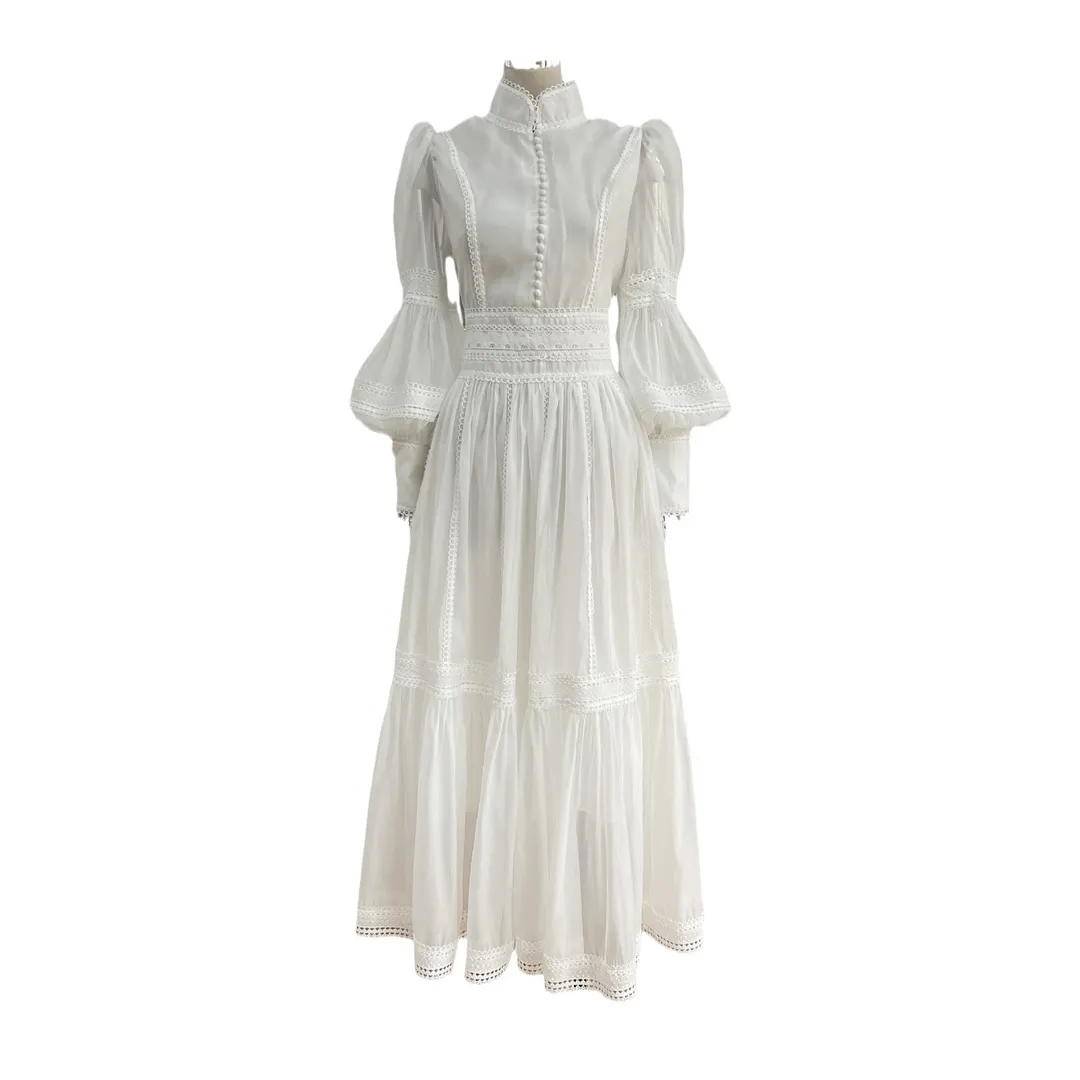 Brownm 2024 Fashion Classic Elegant Long Princess Bubble Sleeves Egan Yarn Large Size Women's Dress Thin