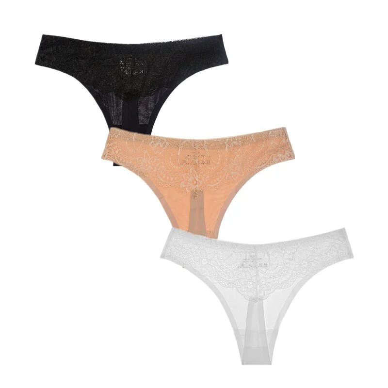 3Pcs/Lot Sexy Women G-string Thongs Lace Floral Sheer Low Waist Underwear Soft Lingerie Ice Silk Briefs Seamless Panties Soft