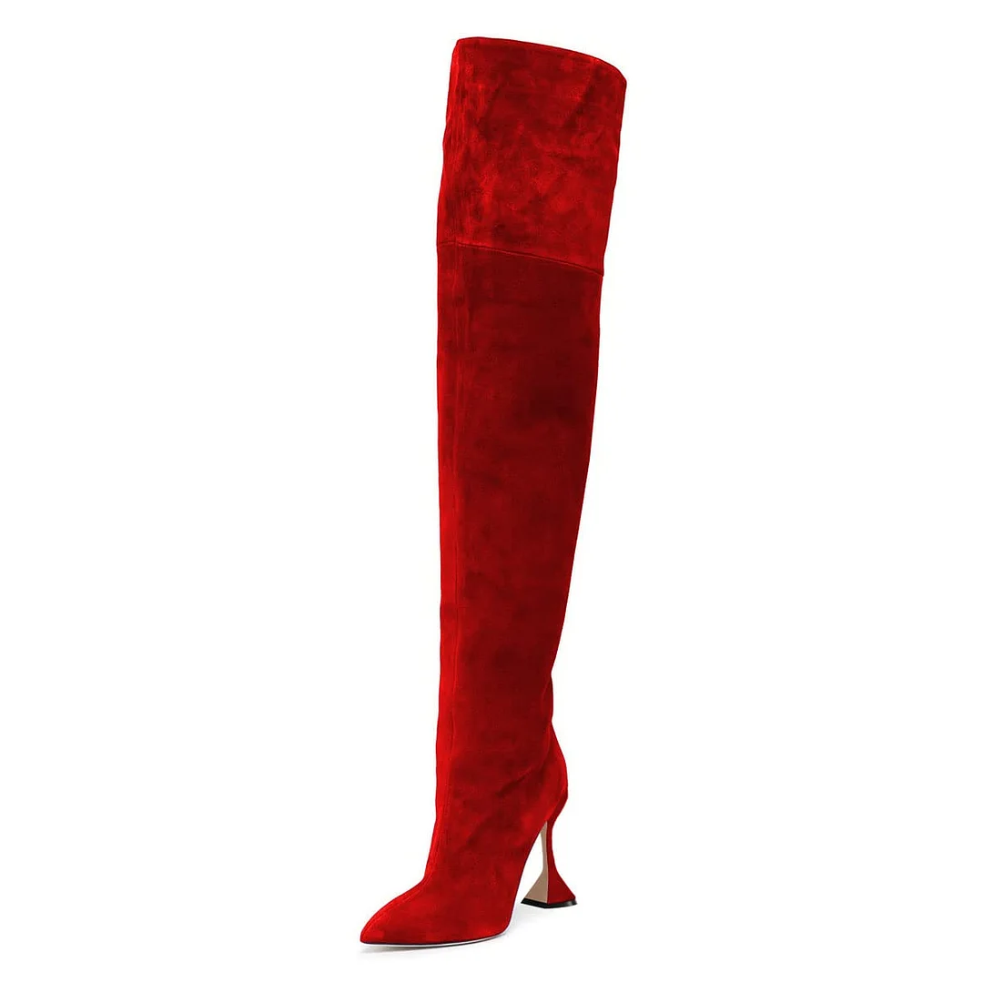 Red Vegan Suede Pointed Toe Flared Heel Over The Knee Boots