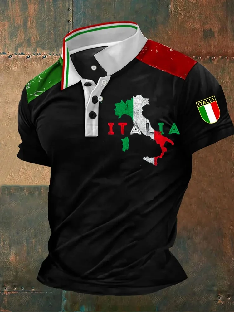 Polo casual da uomo con stampa della bandiera italiana