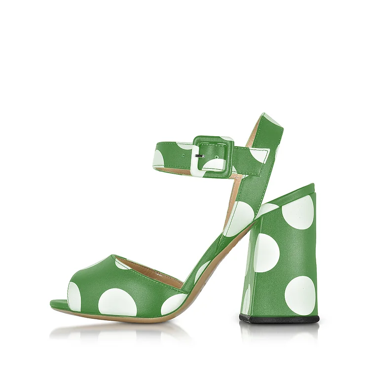 Green and White Polka Dot Slingback Block Heel Sandals Vdcoo