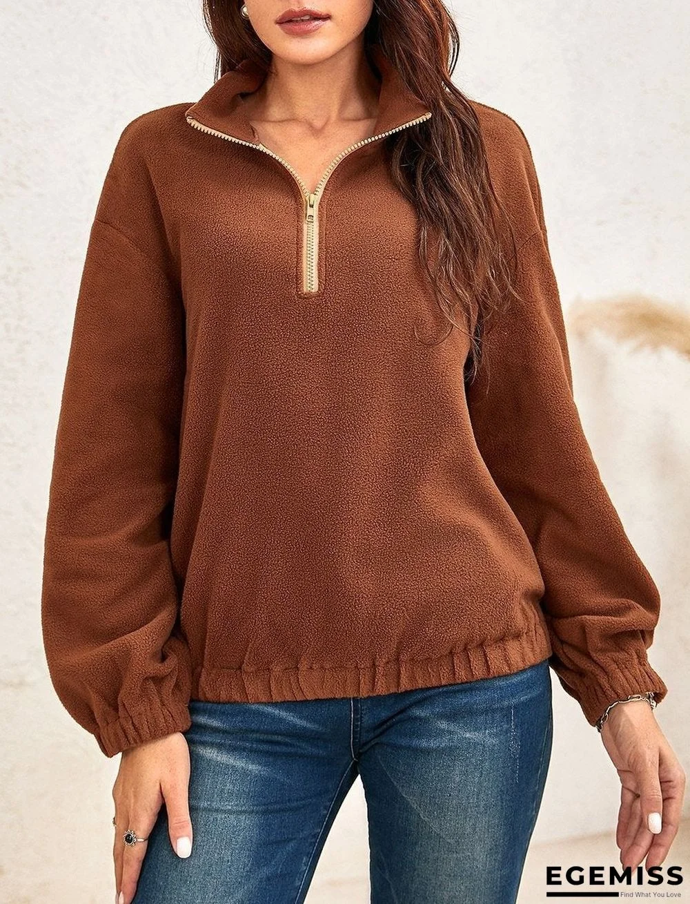 Ladies Zipper High Neck Fleece Long-sleeved Sweater | EGEMISS