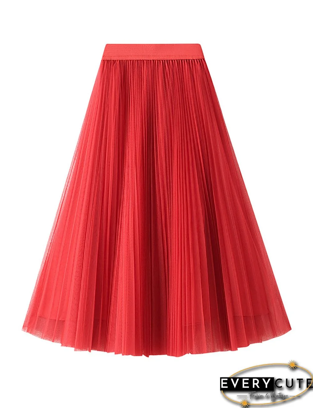 Red Swing Pleated Mid-length Gauze Skirt