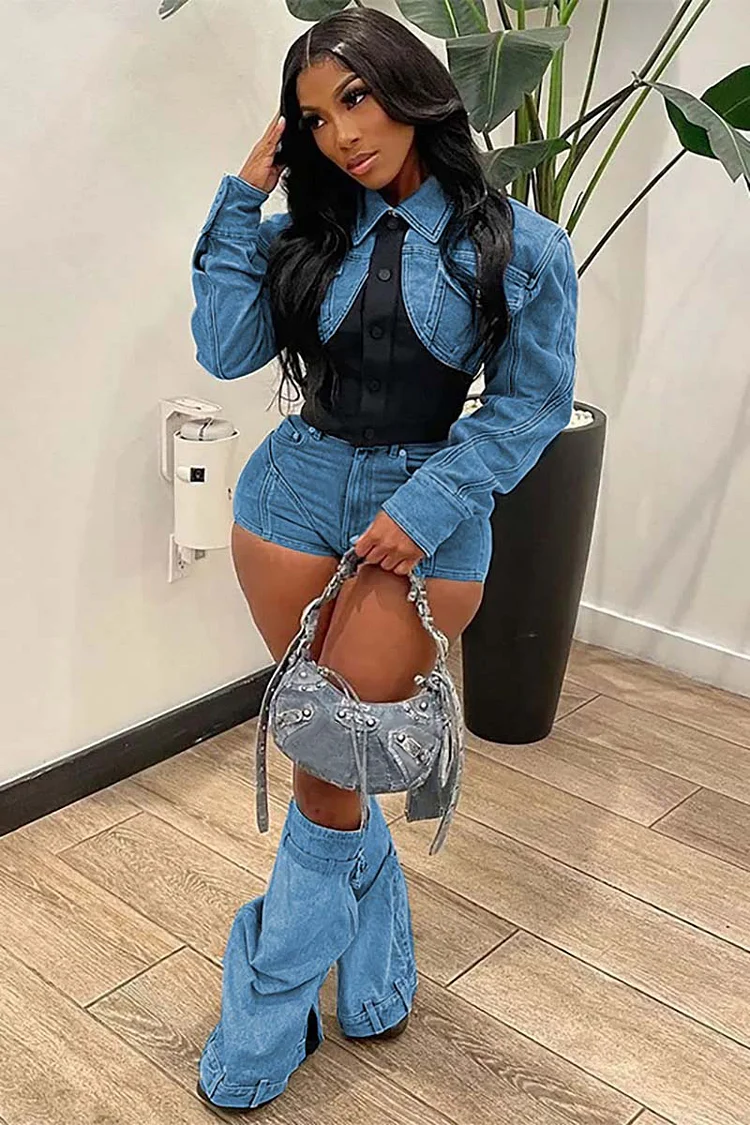 Denim Patchwork Button Long Sleeve Crop Top Pocket Shorts Matching Set