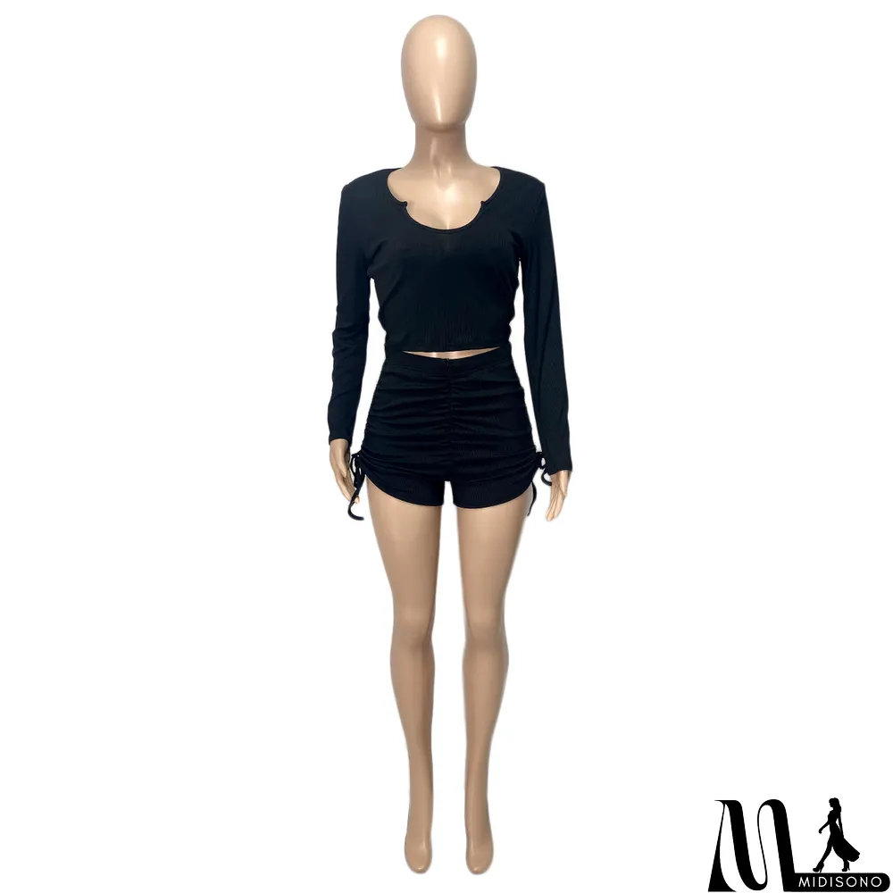 MidiSono - Women Spring Casual U Neck Long Sleeve Top+Pleated Shorts Two Piece