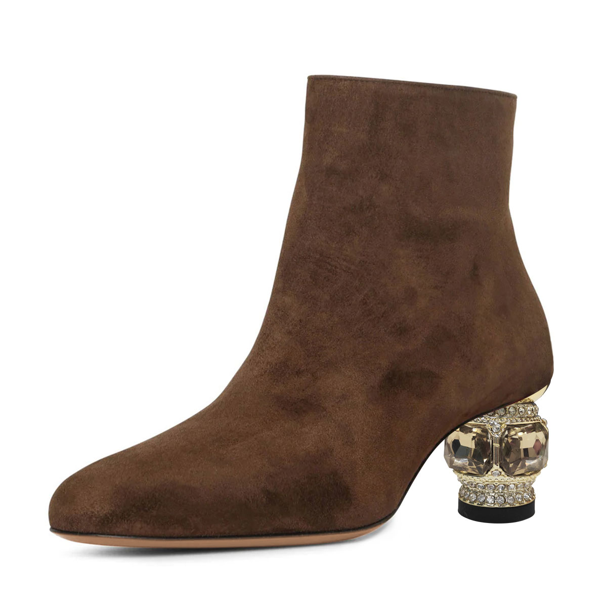 Brown Faux Suede Pointed Toe Decorative Heel Side-Zip Ankle Boots Nicepairs