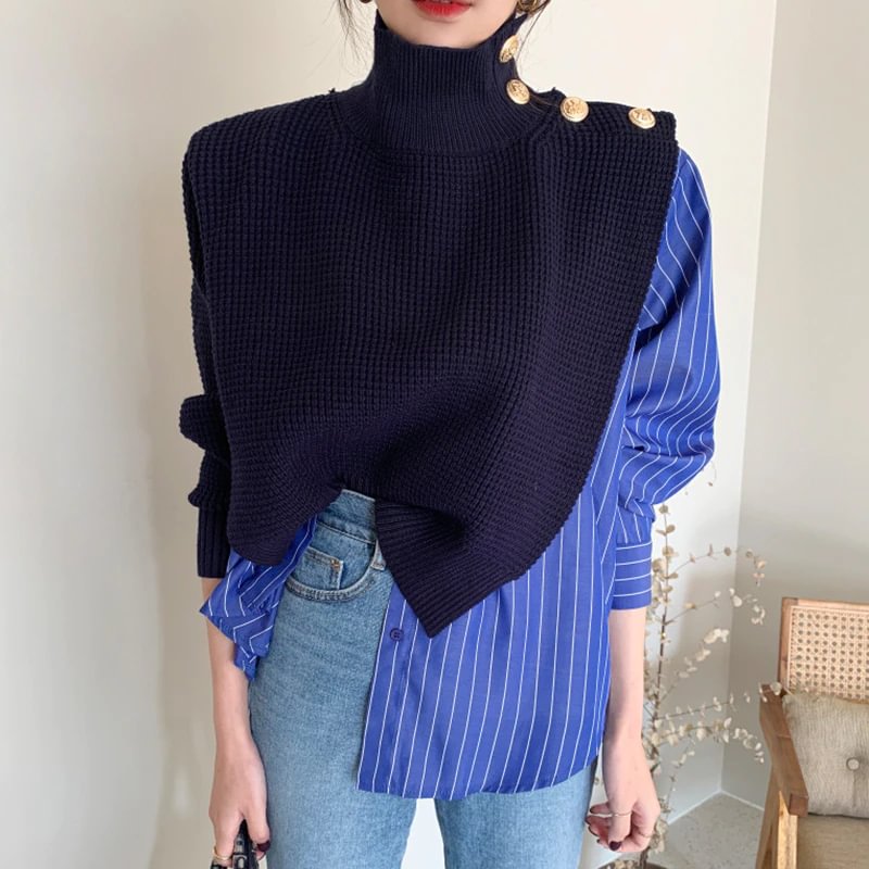 Woherb Side Button Fake Two Piece Shirt Patchwork Puff Sleeve Turtleneck Blue Stripe Sweater Sueter Jumper Knit Top Casual Clothes