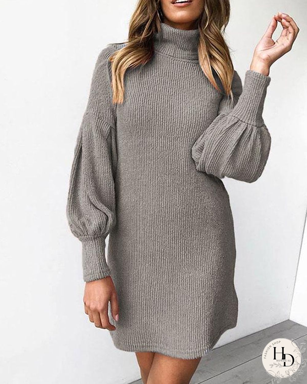 Pure Color Lantern Sleeve High Neck Rib Mini Dress