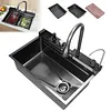 [US Local Warehouse] Stainless Steel Kitchen Sink with Pull-Out Swivel Faucet Double Waterfall Sinks