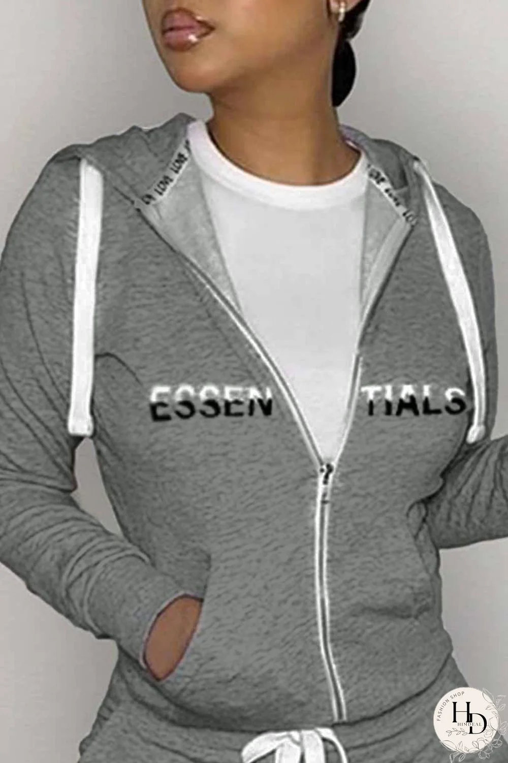 Grey Casual Print Letter Hooded Collar Tops
