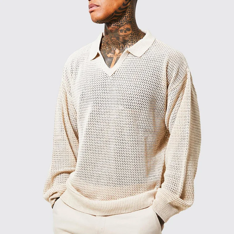 Men's Long-Sleeve Lapel Knitted Polo Sweater