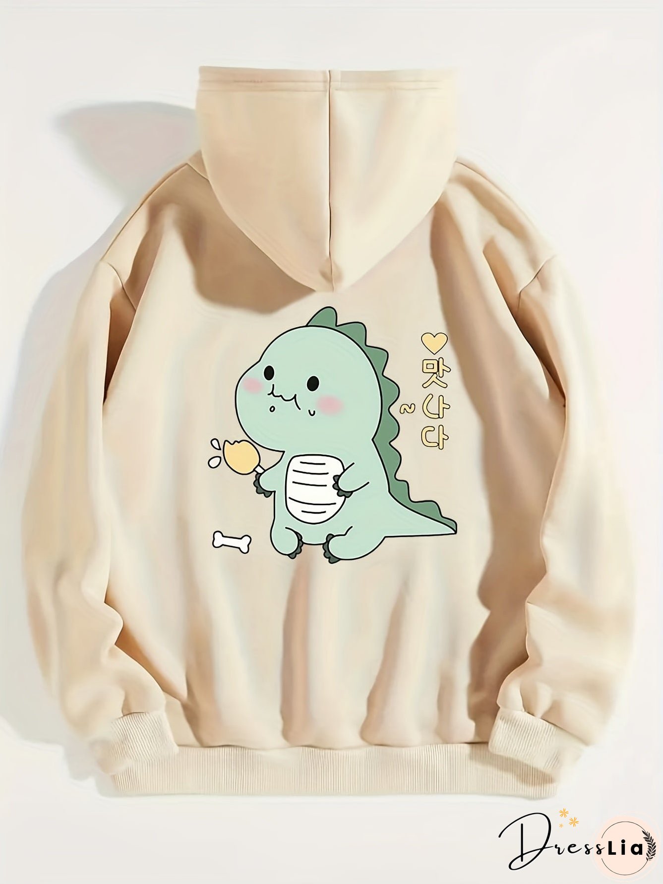 Cartoon Dinosaur Graphic Long Sleeve Fleece Hooded Sweatshirts Print Drawstring Sports