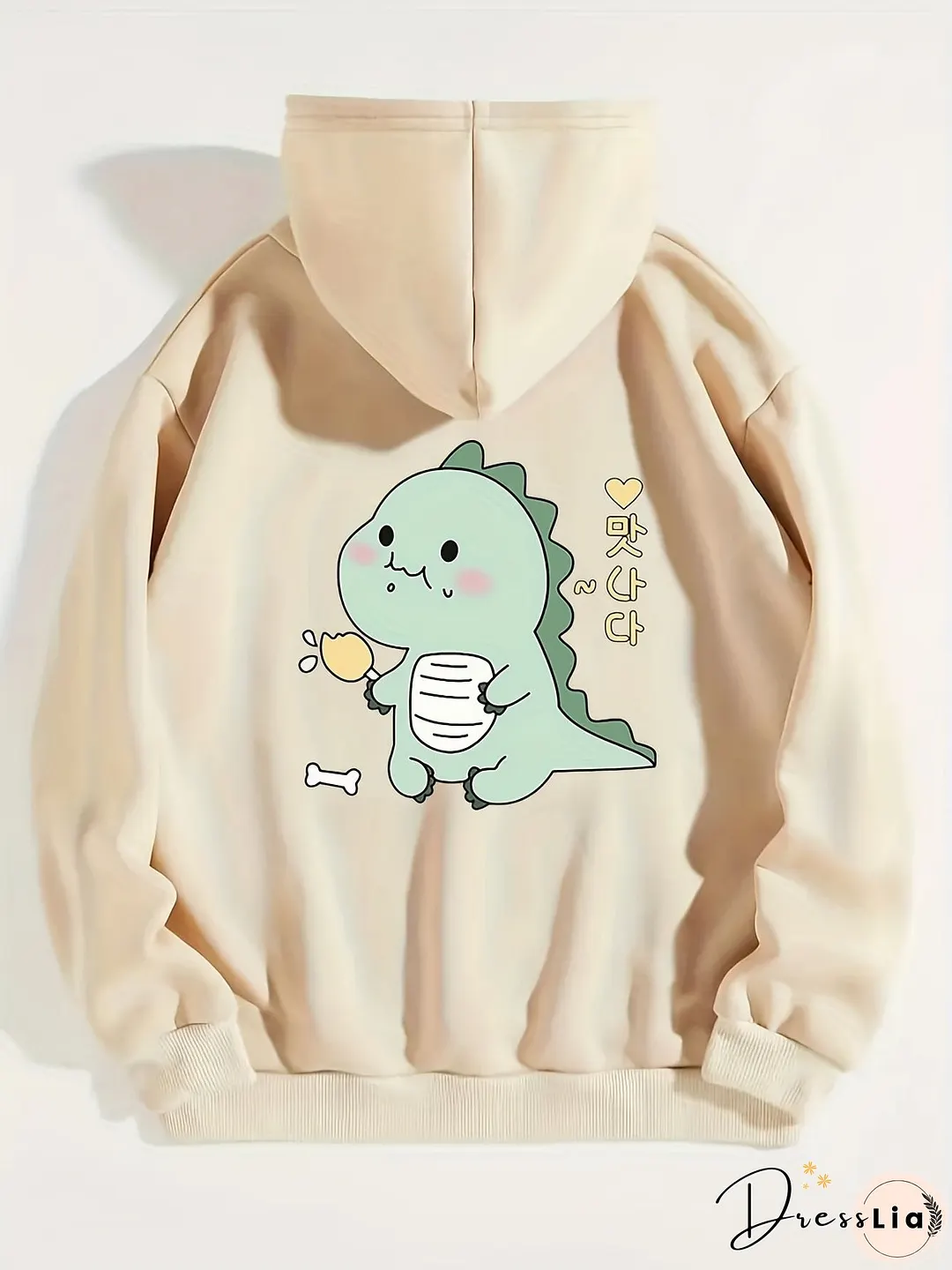 Cartoon Dinosaur Graphic Long Sleeve Fleece Hooded Sweatshirts Print Drawstring Sports