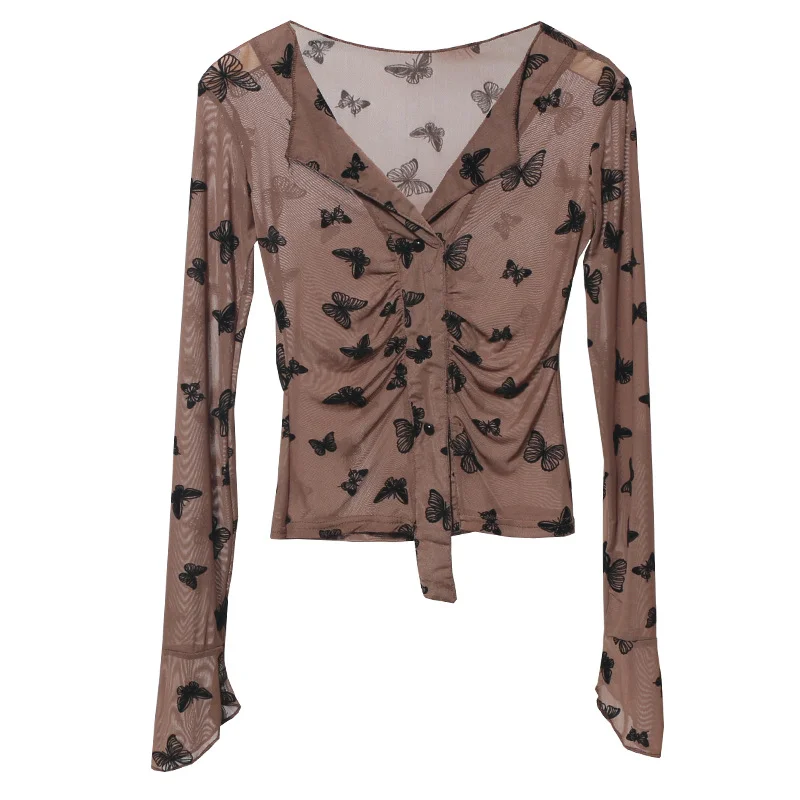 Uveng Pink V-Neck Velvet Bow Single Buckle Buckle Coat On The Head Short Long-Sleeved Mesh T-Shirt 8900