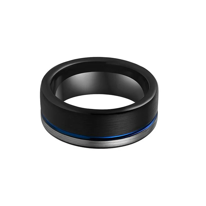 6MM 8MM Women's Or Men's Blue Grey and Black Triple Tone Tungsten Carbide Wedding Rings Pipe Cut Flat Edges