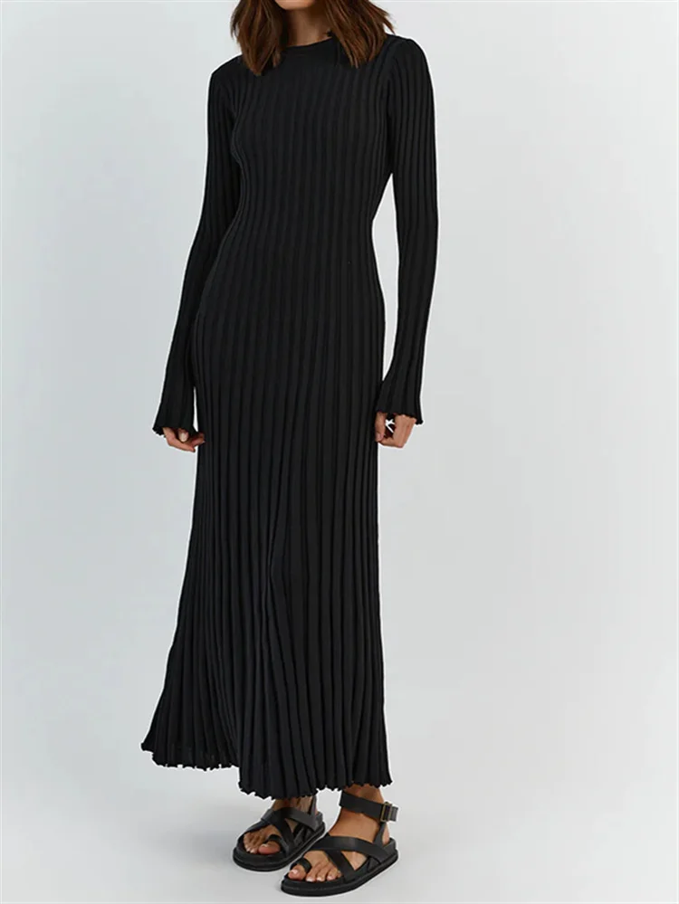 Uveng Uveng Round-Neck Knitted Long Dress 2023 Autumn New Sweater Skirt Pit Strip Solid Color Bottom Dress