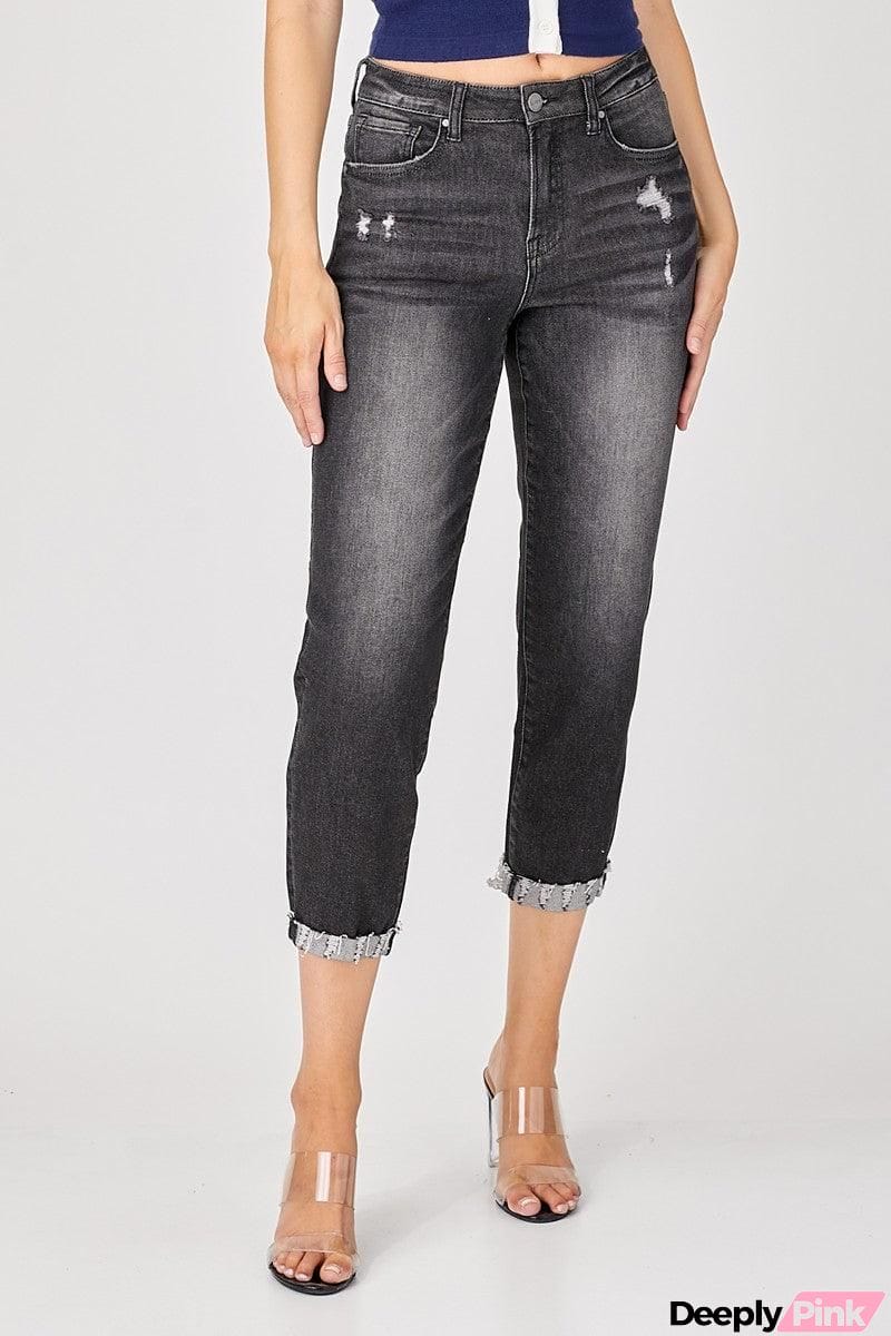 RISEN Distressed High-Rise Boyfriend Jeans in Black