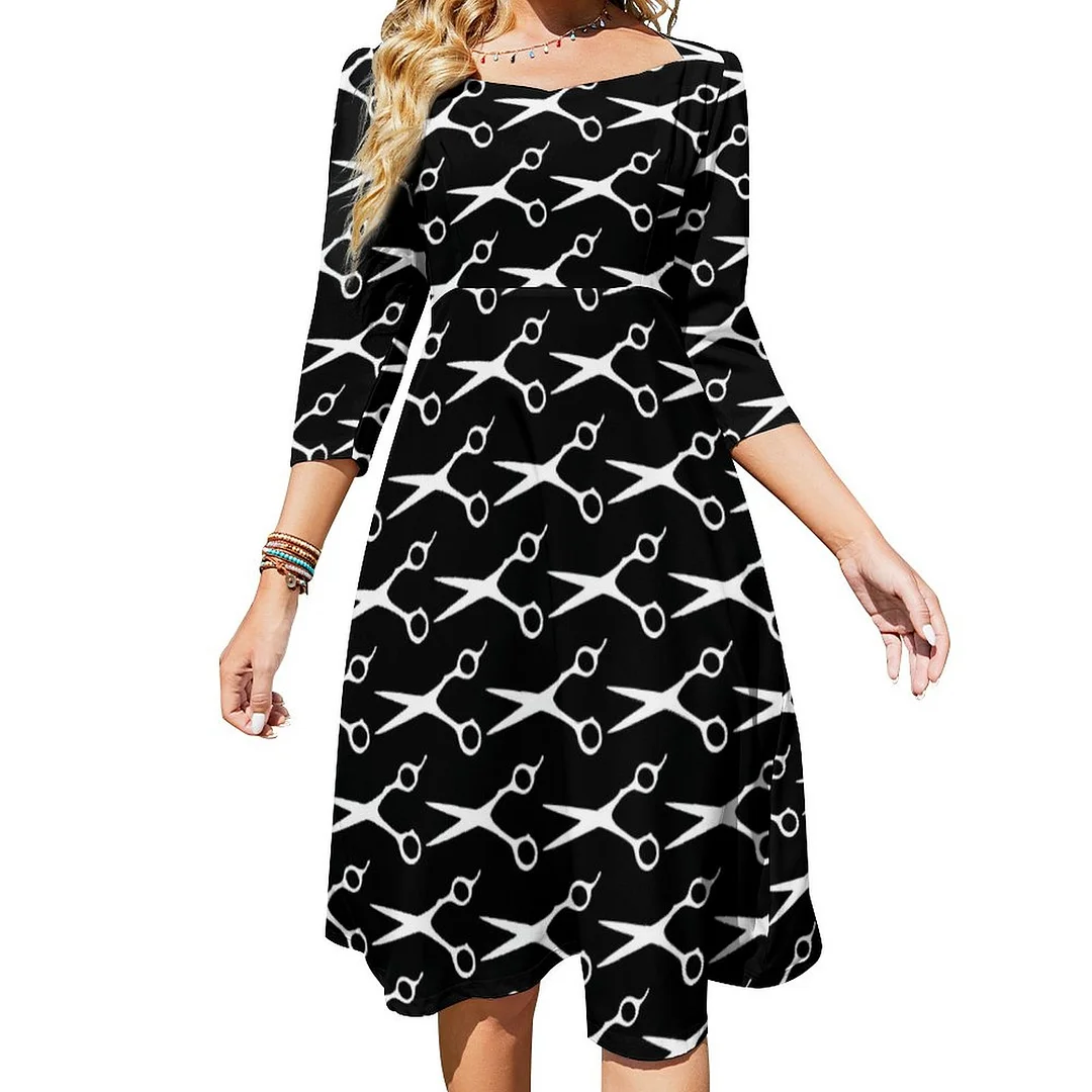 Hairdresser Scissors Pattern Black High Waist Dress Sweetheart Tie Back Flared 3/4 Sleeve Midi Dresses