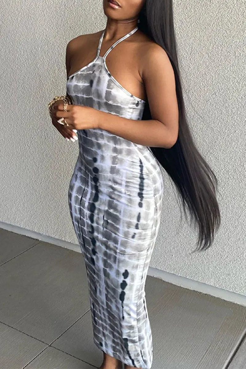 Sexy Geometric Print Lace Up Contrast Halter One Step Skirt Dresses