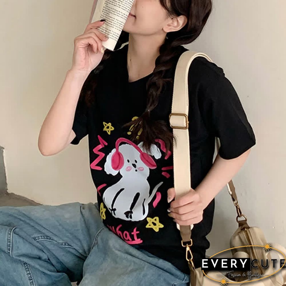 Kawaii Letter Puppy Print Round Collar Oversized T-Shirt