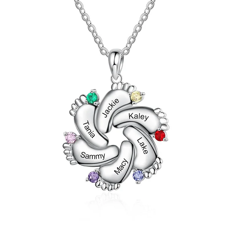 Baby Feet Necklace with 6 Birthstones Engraved 6 Names Family Necklace