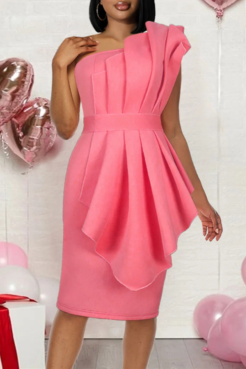 Pink Fashion Sexy Solid Patchwork Backless One Shoulder Evening Dress | EGEMISS