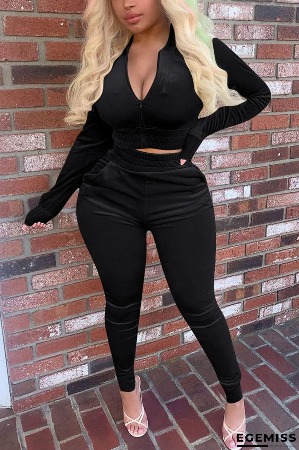 Black Street Pleuche Solid V Neck Long Sleeve Regular Sleeve Regular Two Pieces | EGEMISS