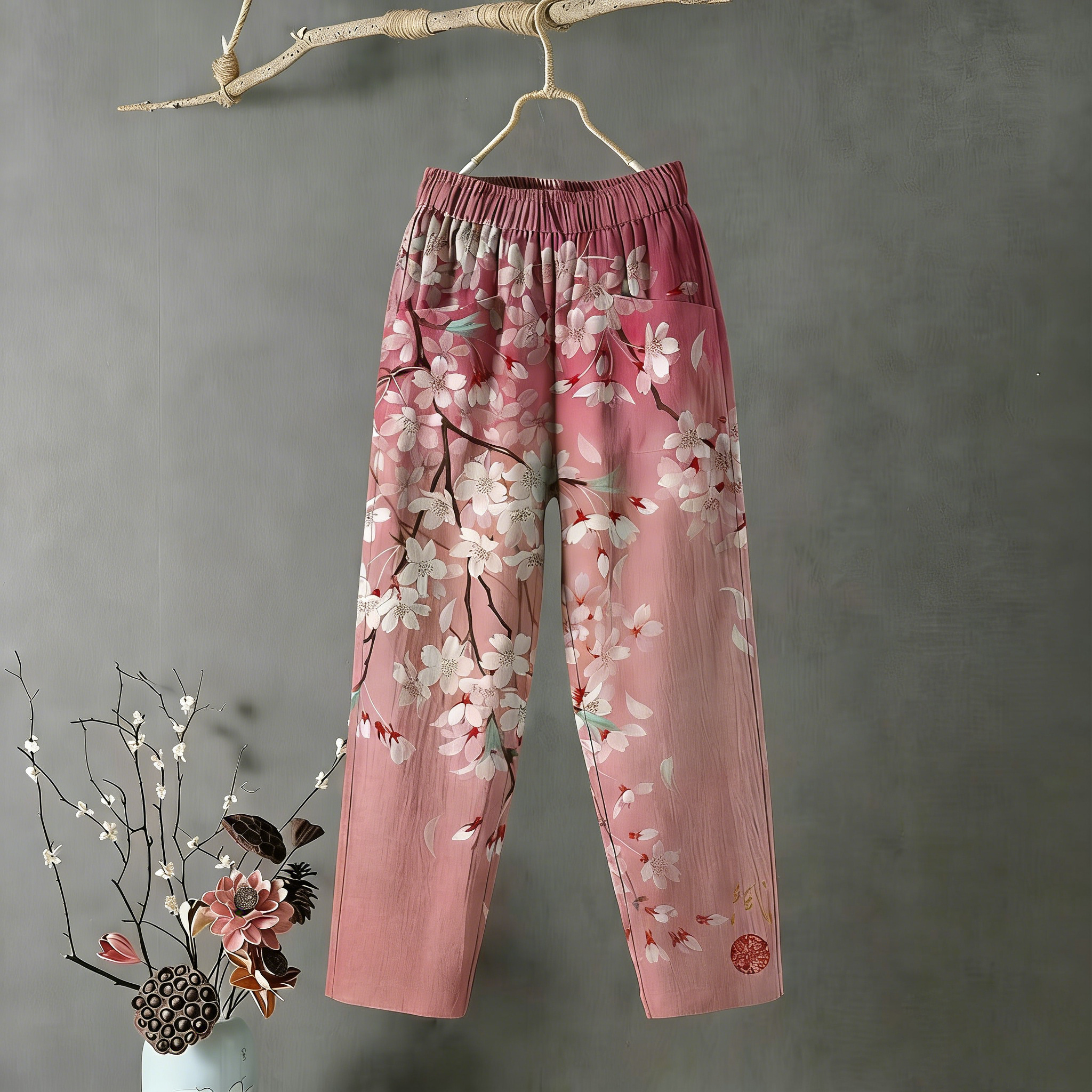 Japanese Cherry Blossom Floral Pattern Comfortable Linen Pants wearshes
