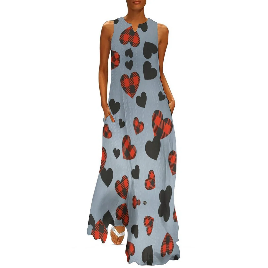 Style & Comfort for Mature Women Plus Size Printed Sleeveless Casual Women Maxi Dress with Pockets in Pattern Heart, Love, Valentine's Day
