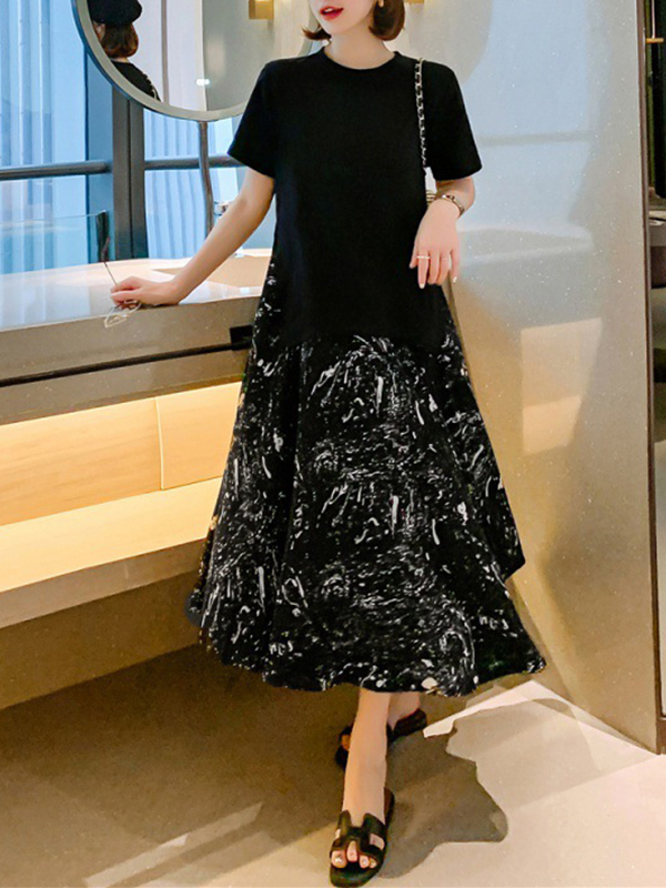 Patchwork Splatter Print Short Sleeve Midi Dress