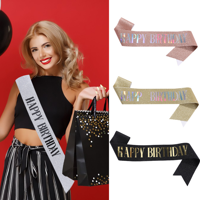 Glittering Gold Birthday Sash - Elegant Happy Birthday Ribbon for Party Decor