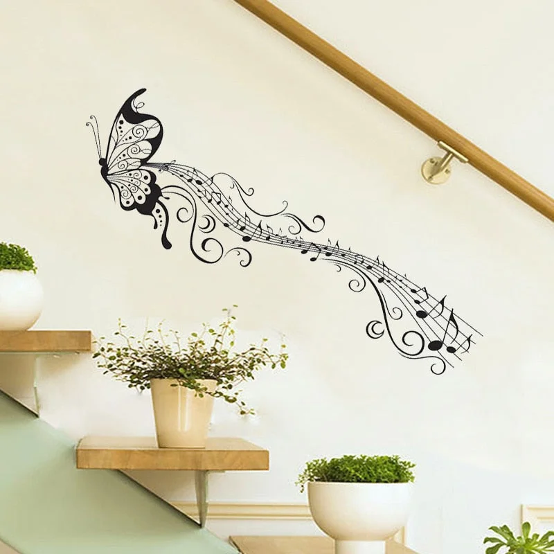 Black Music Butterfly Wall Decor Stave Note Wall Stickers PVC Wall Decals/Adhesive Vinyl Home Decoration for Kids Room Removable