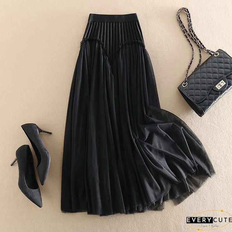 Original Design Khaki High Waist Ruffled Patchwork Tulle Pleated Skirts Spring