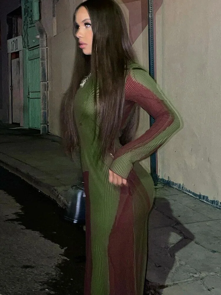 Hugcitar Nightclub Women O Neck Long Sleeves Patchwork Sexy Maxi Dress 2021 Fashion Contrast Colors Party Mid Calf Length