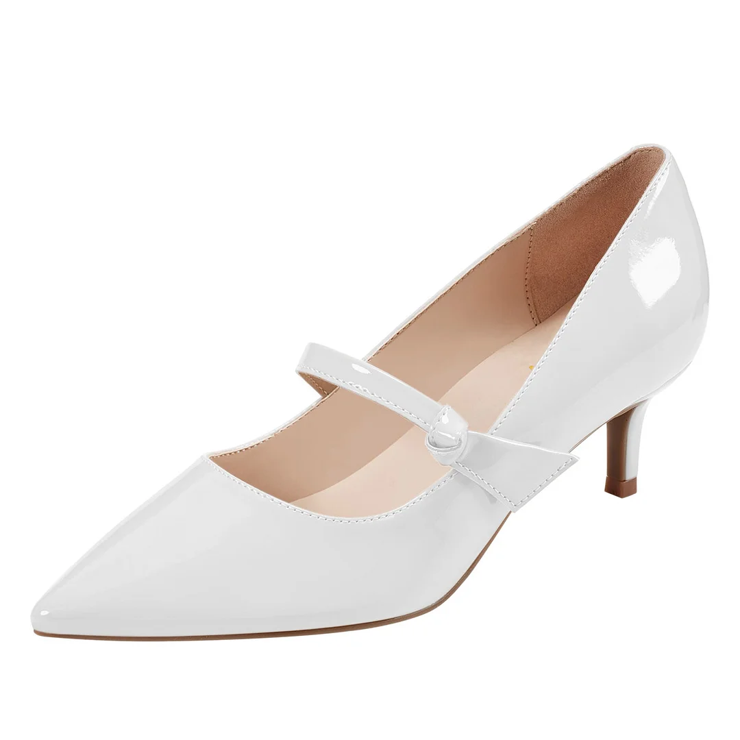 Patent Leather Pointed Toe Kitten Heeled Mary Janes in White