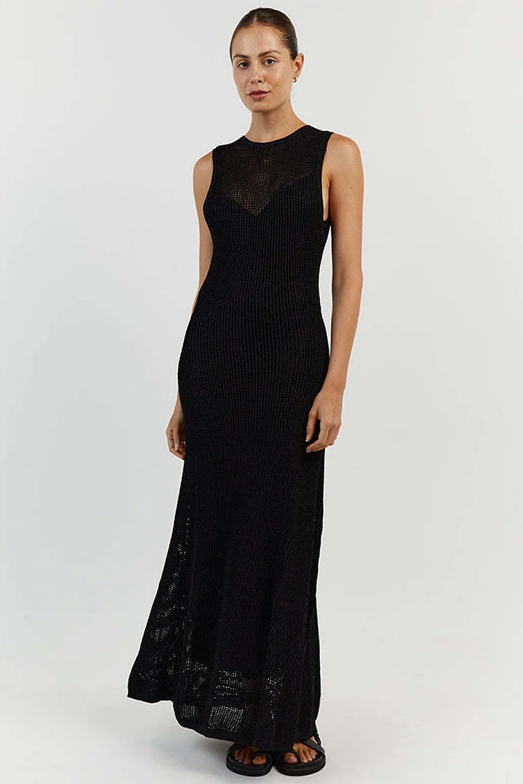 Round Neck Sleeveless Hollow Out Crochet Slim Cover Up Maxi Dresses