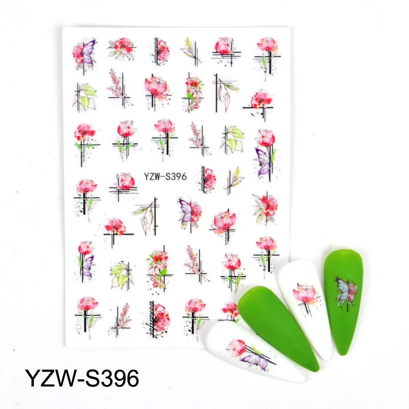 Purple Red Pink Rose Flower 3D Nail Sticker Leaves Love Heart Self-Adhesive Slider Art Decorations Decals Manicure Accessories-Nail Inspo