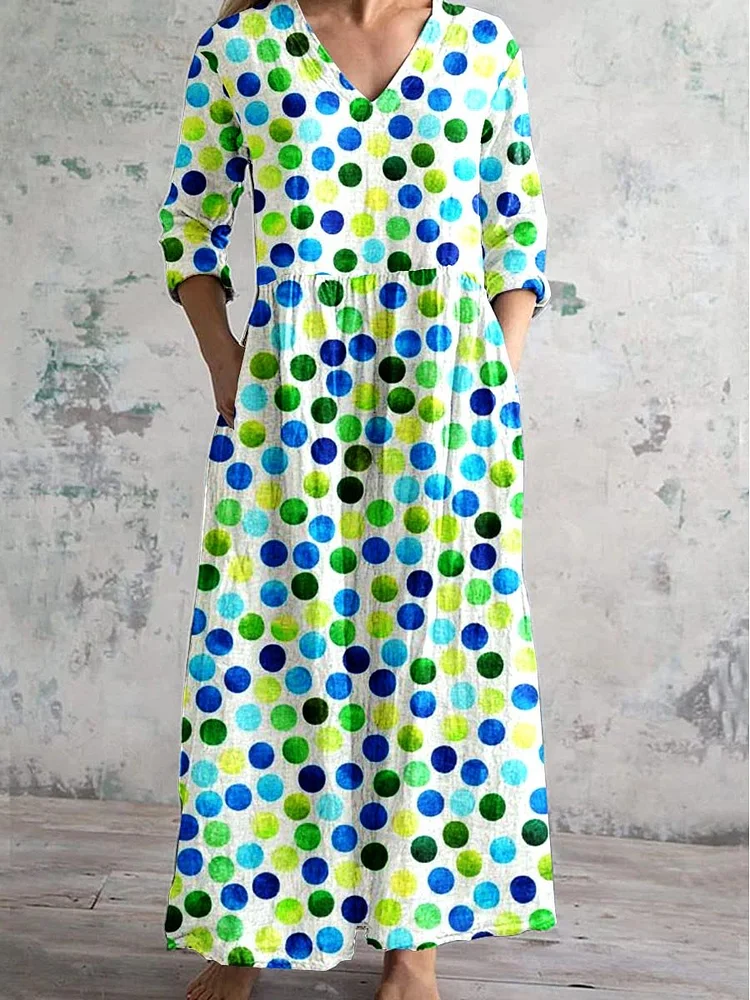 Women's Summer Polka Dot Pattern Printed V-neck Cotton And Linen Dress