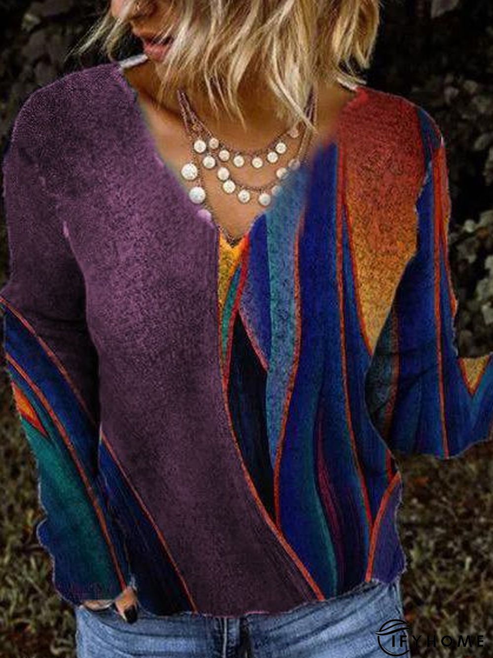 Women Casual Vintage Geometric color-block V Neck Shift Long Sleeves Top | IFYHOME